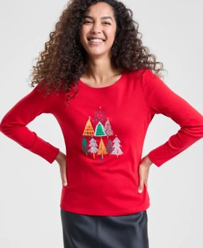 Holiday Lane Womens Festive Trees Long Sleeve Top S 4x Macys Exclusive