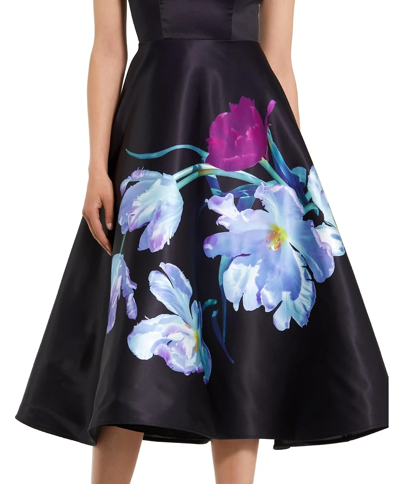 Mac DuggalWomen's Floral Print Cap Sleeve Satin Midi Dress