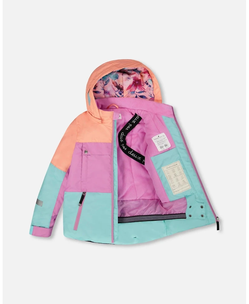 Deux par Girl Two-Piece Teknik Snowsuit with Colorblocked Jacket Pink Watercolor Flower Print - Toddler|Child