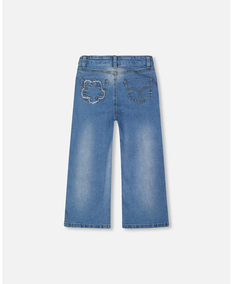 Deux par Girl Wide Leg Stretch Light Blue Denim Jeans with Flower Stitching - Child