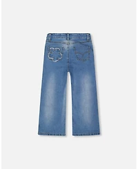Deux par Girl Wide Leg Stretch Light Blue Denim Jeans with Flower Stitching - Child