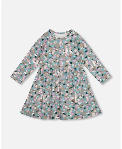Deux par Girl Half Button Cotton Dress Blue Llama Print - Child