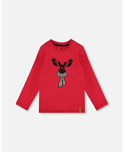 Deux par Little Boys Jersey T-Shirt Cherry Red with Moose - Toddler|Child