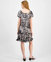 Robbie Bee Petite Printed Sleeveless Ruffle-Trim A-Line Dress