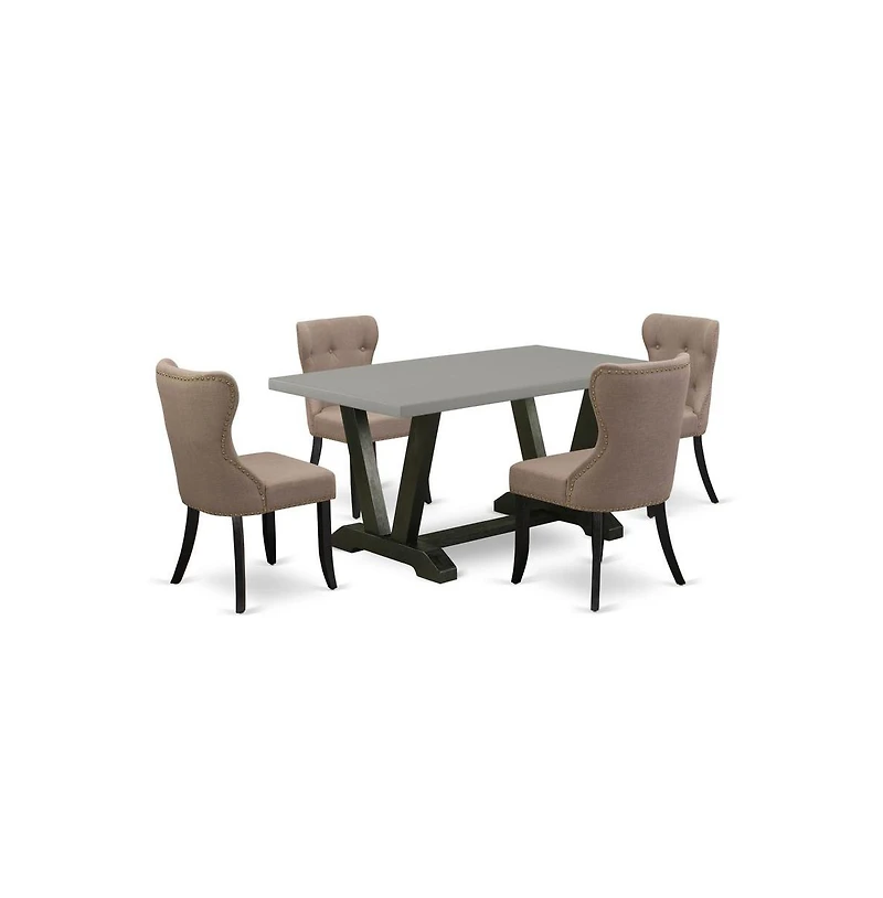 East West Furniture 5-Piece Modern Dining Set- 4 Parson Dining Chairs with Coffee Linen Fabric Seat and Button Tufted Chair Back