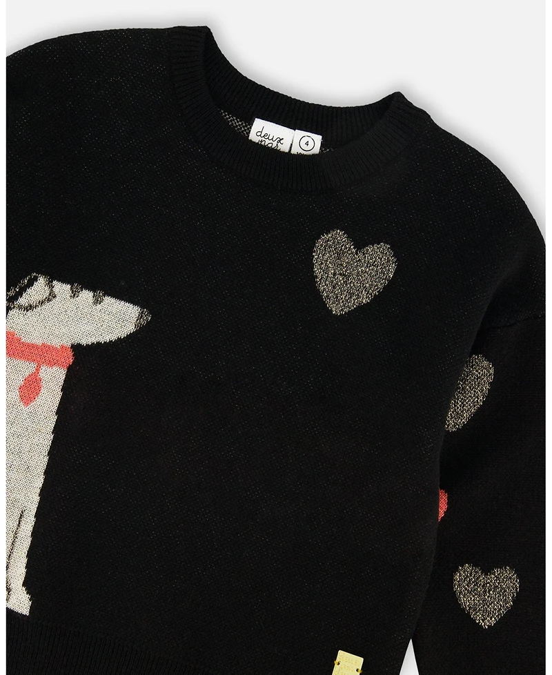 Deux par Girl Knit Sweater Black with Dalmatian and Hearts - Child