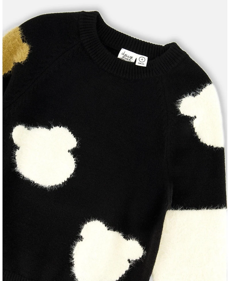 Deux par Girl Knitted Sweater Black with Bear Intarsia