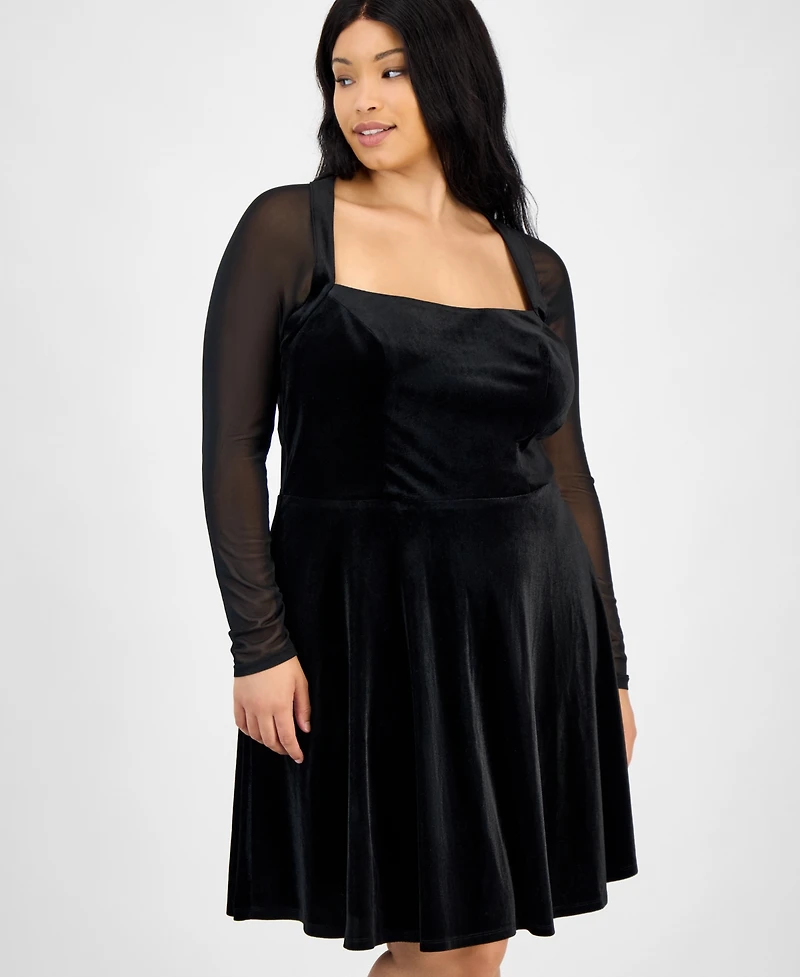 City Studios Trendy Plus Mesh-Sleeve Velvet Fit & Flare Dress