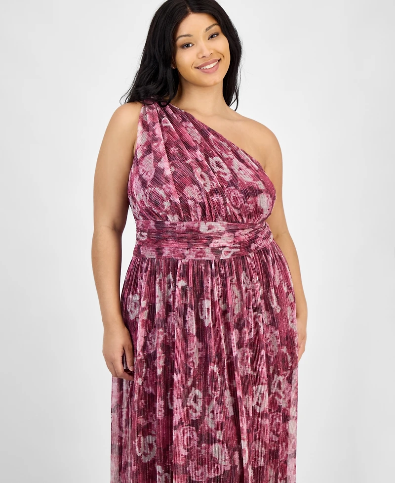 B Darlin Trendy Plus Printed One-Shoulder Gown