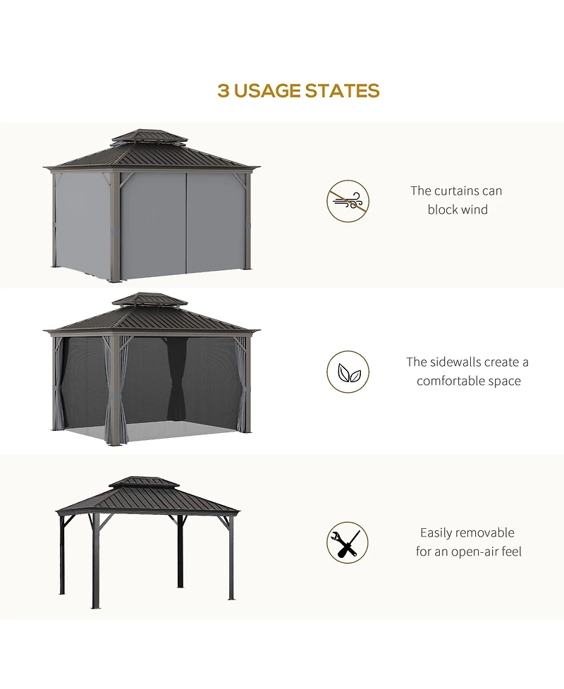 Outsunny 10' x 12' Hardtop Patio Gazebo, Netting Curtains,