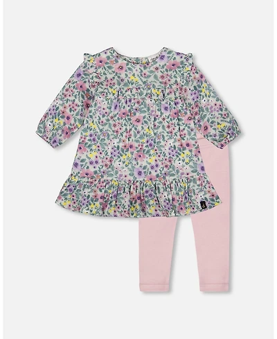 Deux par Baby Girl Printed Muslin Sage Floral Dress and Solid Leggings Set
