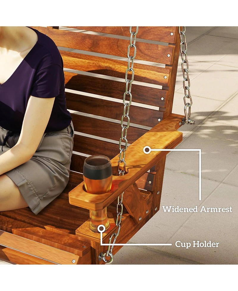 Outsunny 5 Ft Wooden Porch Swing 3-Seater with Cupholders,
