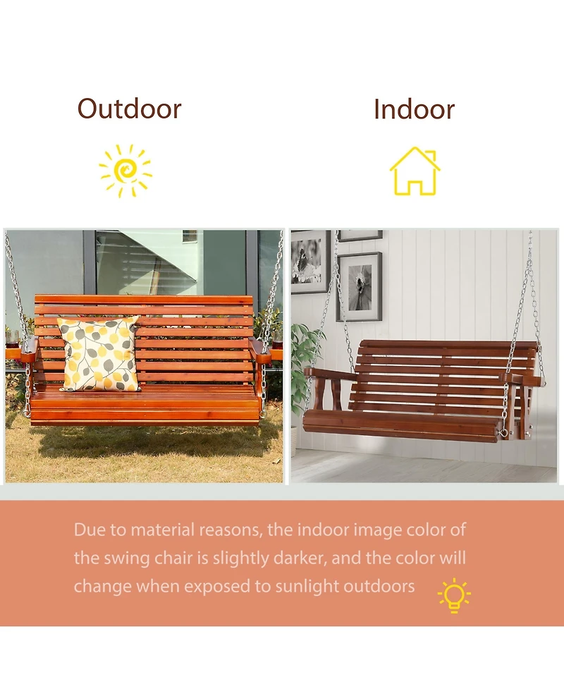 Outsunny Wooden Porch Swing, Hanging Patio Bench, Cup Holder Armrests,