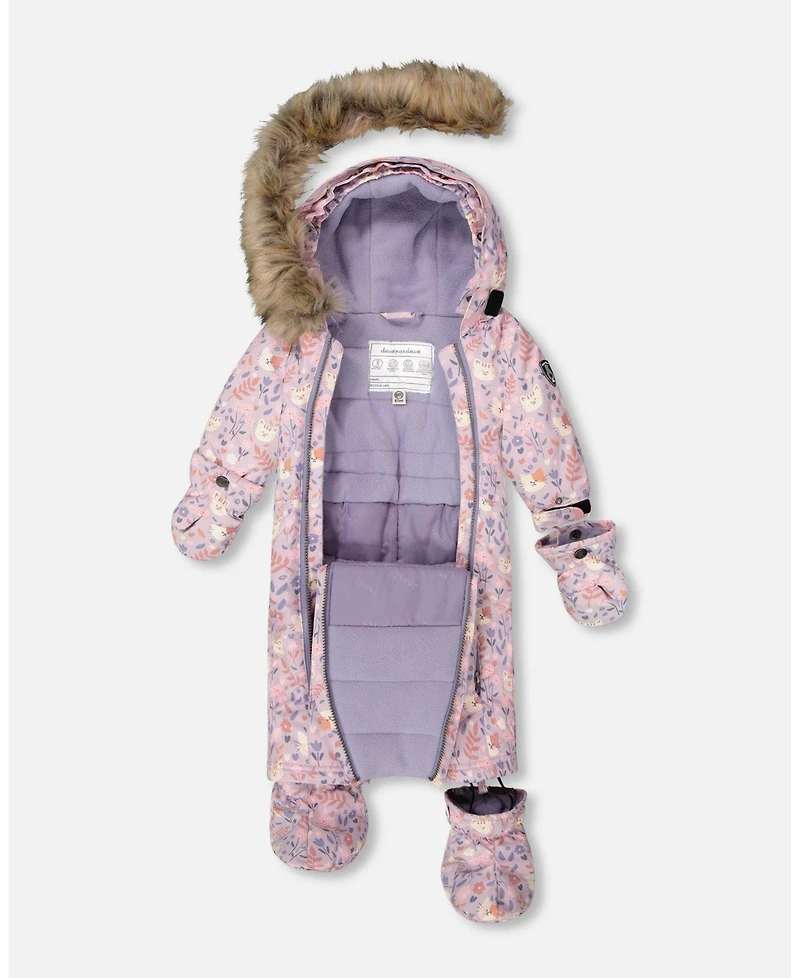 Deux par Baby Girls One-Piece Play Snowsuit Designed for Car Seat Lilac Cat Print - Baby|Toddler