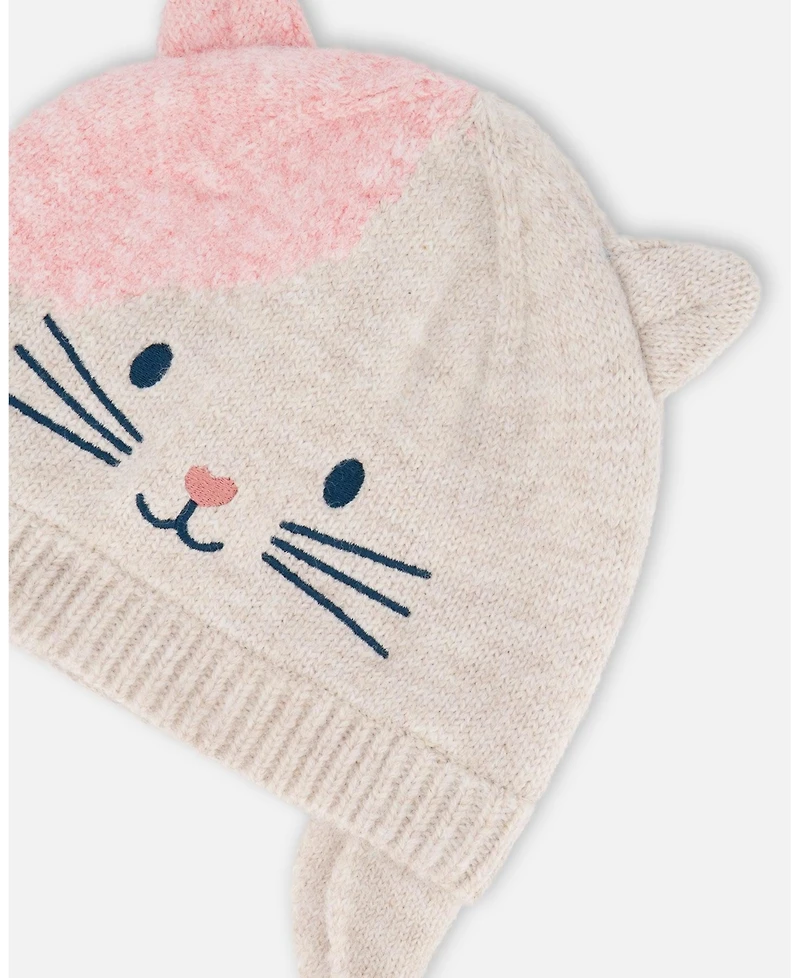 Deux par Girl Lined Knit Hat with Ears Off-White and Pink - Toddler|Child