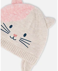 Deux par Girl Lined Knit Hat with Ears Off-White and Pink - Toddler|Child