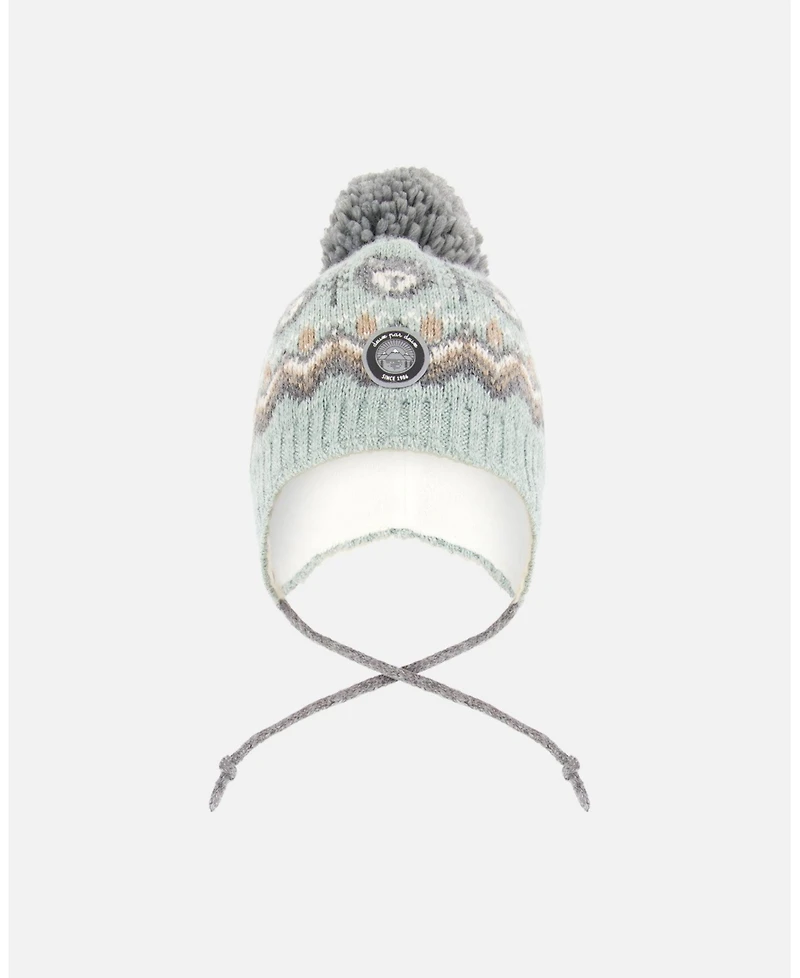 Deux par Baby Boy Lined Peruvian Knit Pompom Hat Gray and Sage