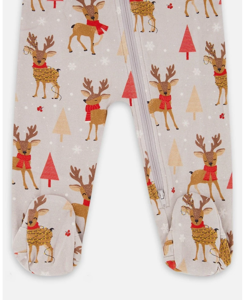 Deux par Baby Boy One-Piece Cotton Pajama Beige Reindeer Print