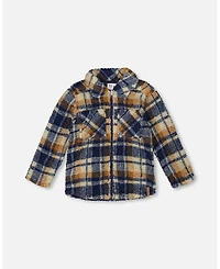 Deux par Boy Sherpa Long Sleeve Zip Front Overshirt Blue and Brown Plaid