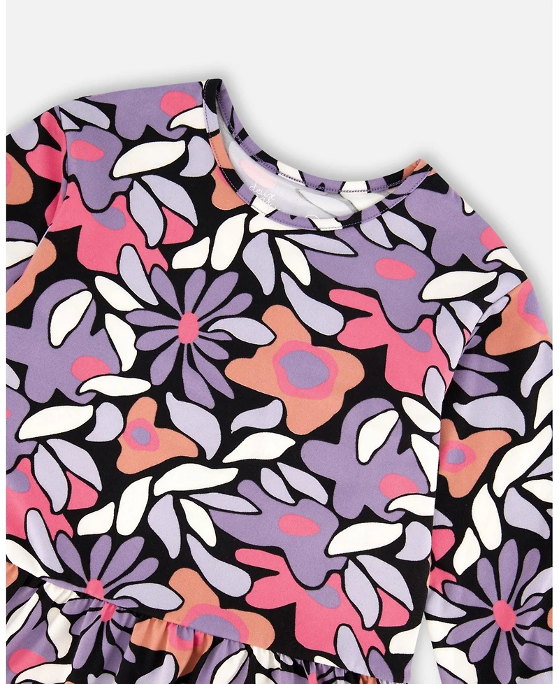 Deux par Girl Jersey Dress Black Retro Flower Print - Toddler|Child