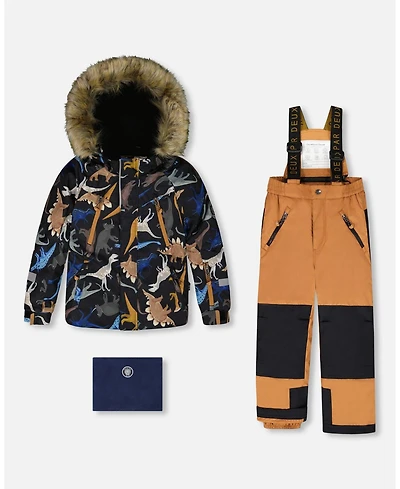 Deux par Boy Two-Piece Play Snowsuit with Printed Dinosaurs Jacket Brown - Child