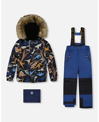 Deux par Boy Two-Piece Play Snowsuit with Printed Dinosaurs Jacket Navy Blue