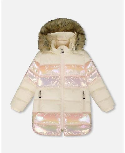 Deux par Big Girls Long Metallic Puffy Winter Coat White