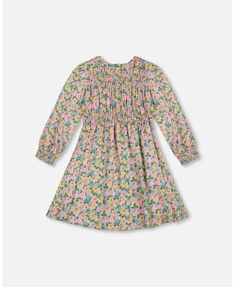 Deux par Girl Smocked Viscose Dress Green with Floral Print