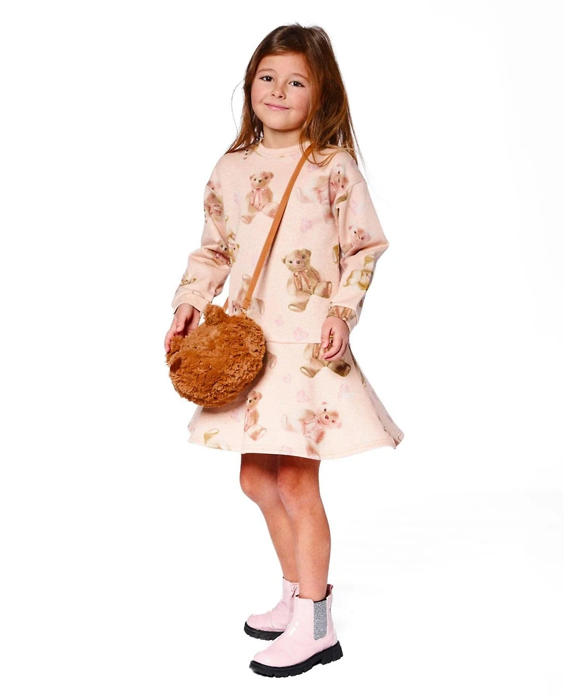 Deux par Toddler Girls Glittering French Terry Dress Beige Teddy Bear Print - Toddler|Child