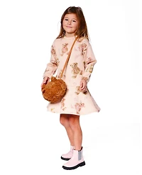 Deux par Toddler Girls Glittering French Terry Dress Beige Teddy Bear Print - Toddler|Child