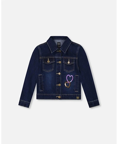 Deux par Girl Stretch Denim Jacket Dark Blue with Glittery Hearts and Unicorn - Child