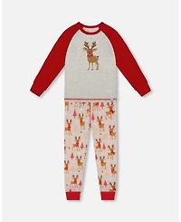Deux par Boy Two-Piece Cotton Pajama Set Beige Reindeer Print