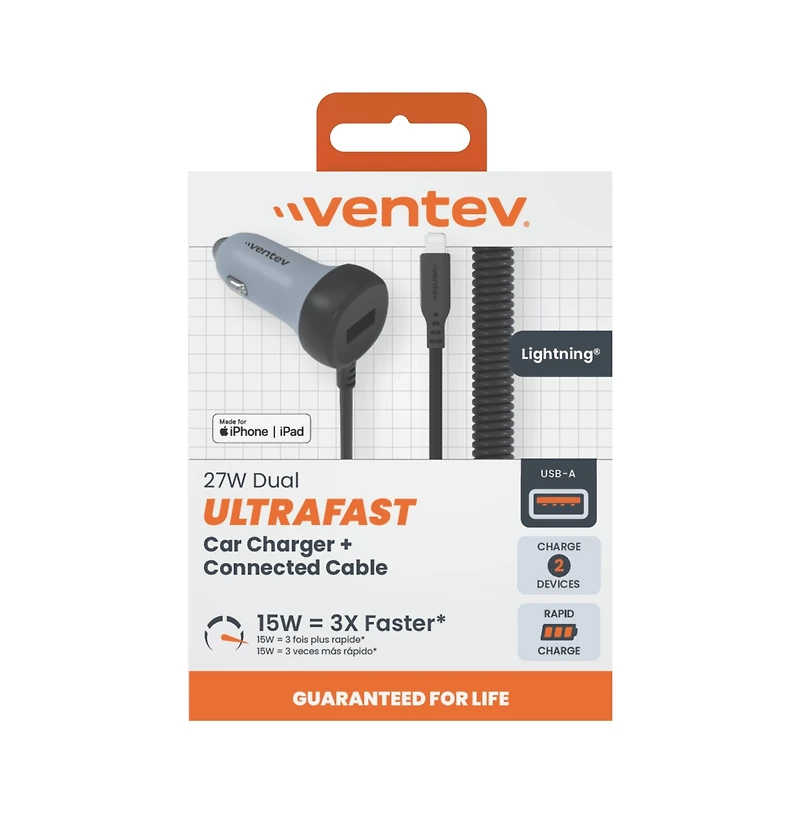 Ventev 27W Ultrafast Dual Car Charger with Apple Lightning Connected Travel Cable-Gray