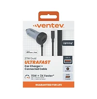 Ventev 27W Ultrafast Dual Car Charger with Apple Lightning Connected Travel Cable-Gray