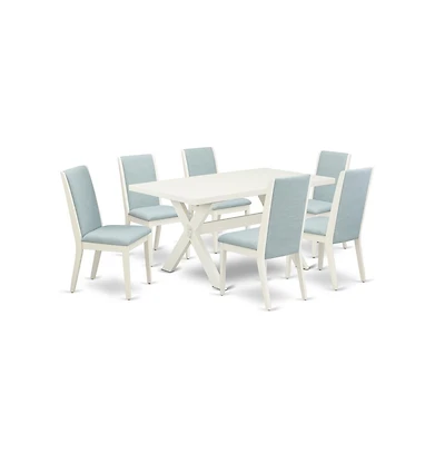 East West Furniture 7Pc Dinette Set Includes a Wood Table and 6 Upholstered Dining Chairs with Baby Blue Color Linen Fabric, Medium Size Table with Fu