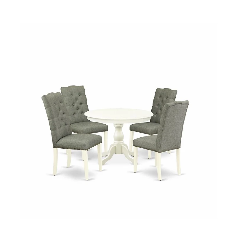 East West Furniture 5 Piece Dinette Set - Linen White Dining Table and 4 Smoke Linen Fabric Dining Chairs Button Tufted Back with Nail Heads