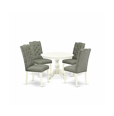 East West Furniture 5 Piece Dinette Set - Linen White Dining Table and 4 Smoke Linen Fabric Dining Chairs Button Tufted Back with Nail Heads