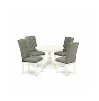 East West Furniture 5 Piece Dinette Set - Linen White Dining Table and 4 Smoke Linen Fabric Dining Chairs Button Tufted Back with Nail Heads