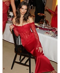 Miss Circle Women's Nessa Red Lace Satin Corset Maxi Dress