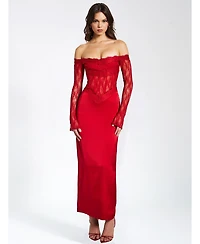 Miss Circle Women's Nessa Red Lace Satin Corset Maxi Dress