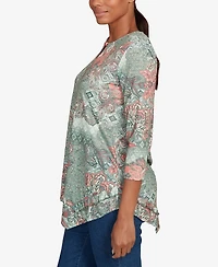 Ruby Rd. Petite Floral Patchwork Split Beaded Neck Top