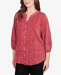 Ruby Rd. Petite Artisan Embroidered Button Front Top