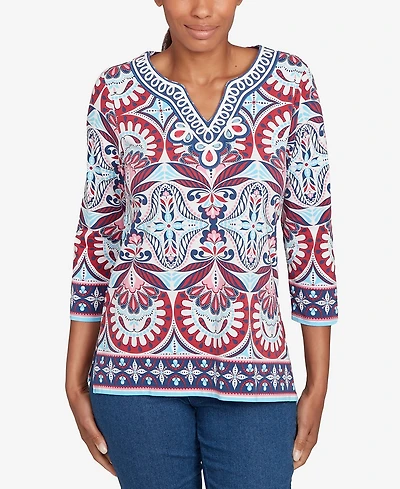 Ruby Rd. Petite Embellished Geo Border Knit Top