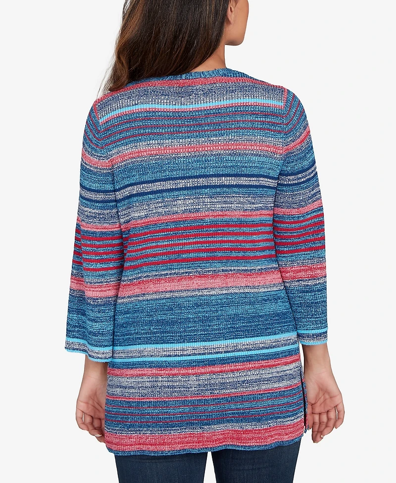 Ruby Rd. Petite Open Ribbed Stripe Front Pocket Cardigan Sweater