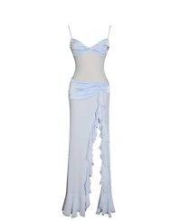 Miss Circle Women Lacy Blue Ruched Breast High Slit Chiffon Dress