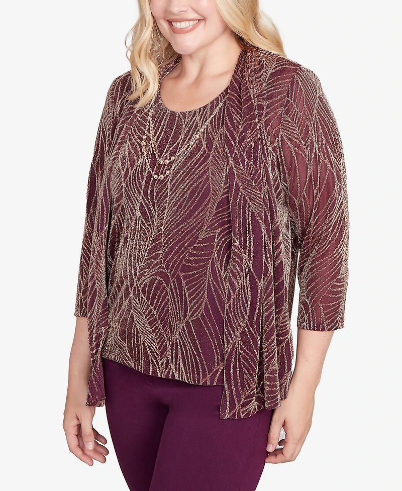 Alfred Dunner Petite Urban Legend Glitter Leaf Two One Top with Necklace