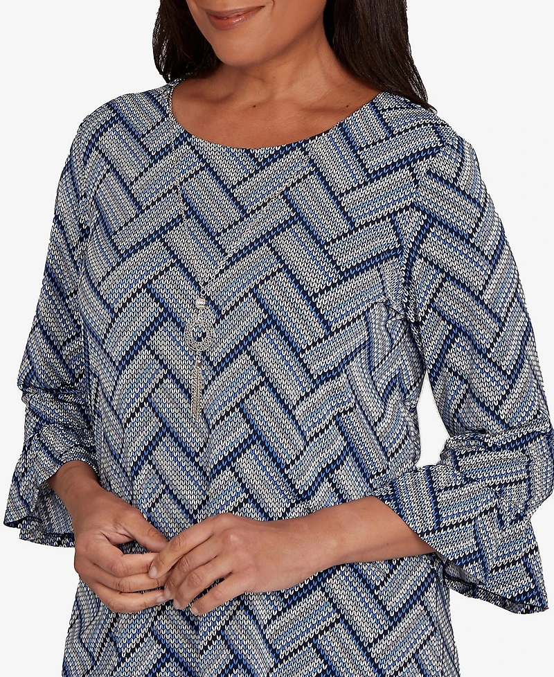 Alfred Dunner Petite Chevron Textured Knit Top with Necklace