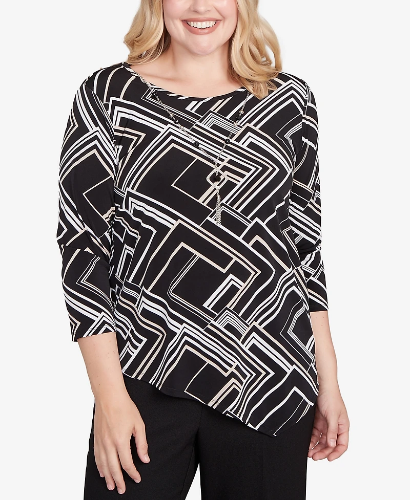 Alfred Dunner Petite Geometric Textured Top with Necklace