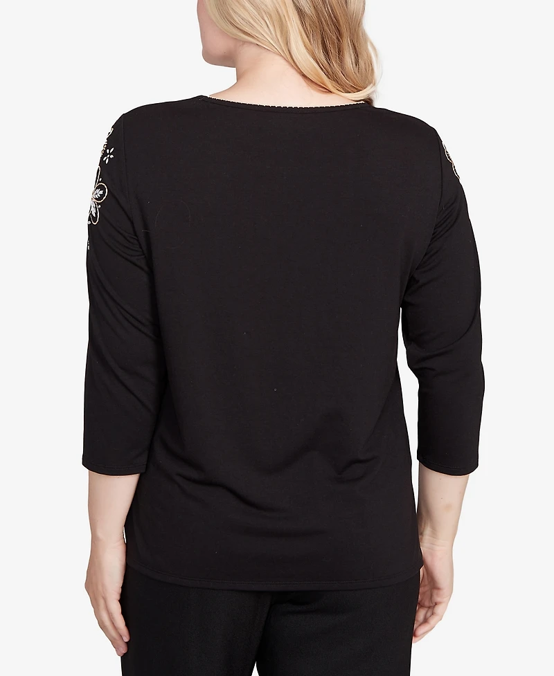 Alfred Dunner Petite Gold Floral Embroidered Three Quarter Sleeve Top