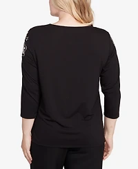 Alfred Dunner Petite Gold Floral Embroidered Three Quarter Sleeve Top